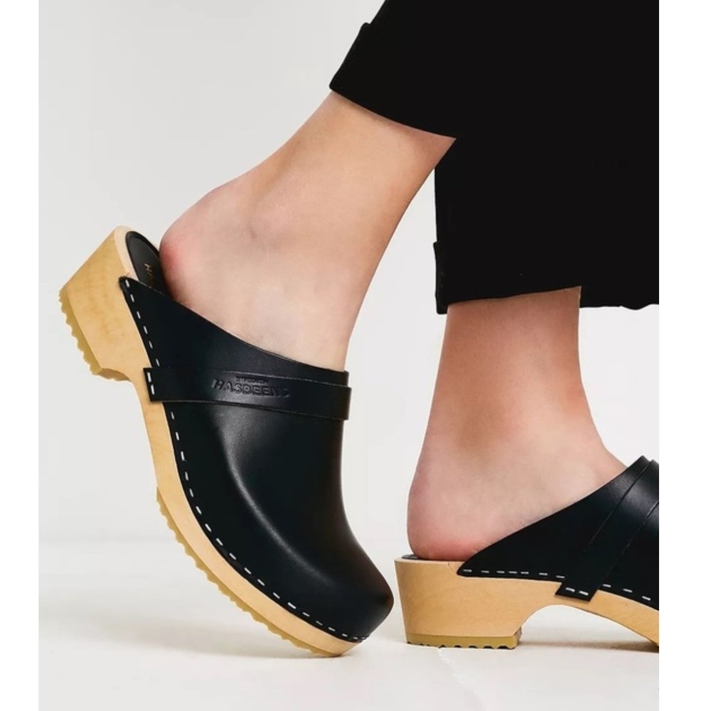 Swedish Hasbeens Swedish Husband Black Leather Clogs Wood Mules Size 38